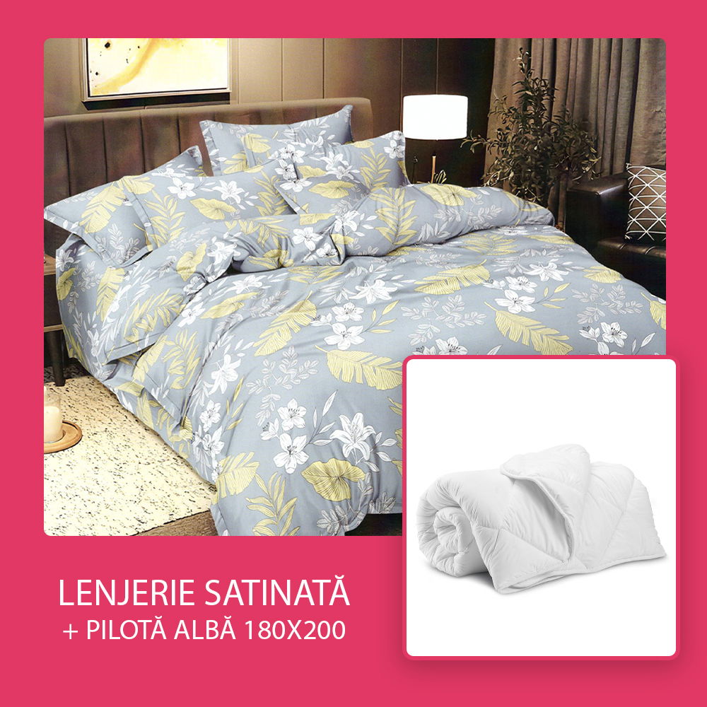 Set CADOU - Lenjerie 6 Piese + Pilota Alba de Vara 180x200 cm - Frunze si Flori LBDS0917